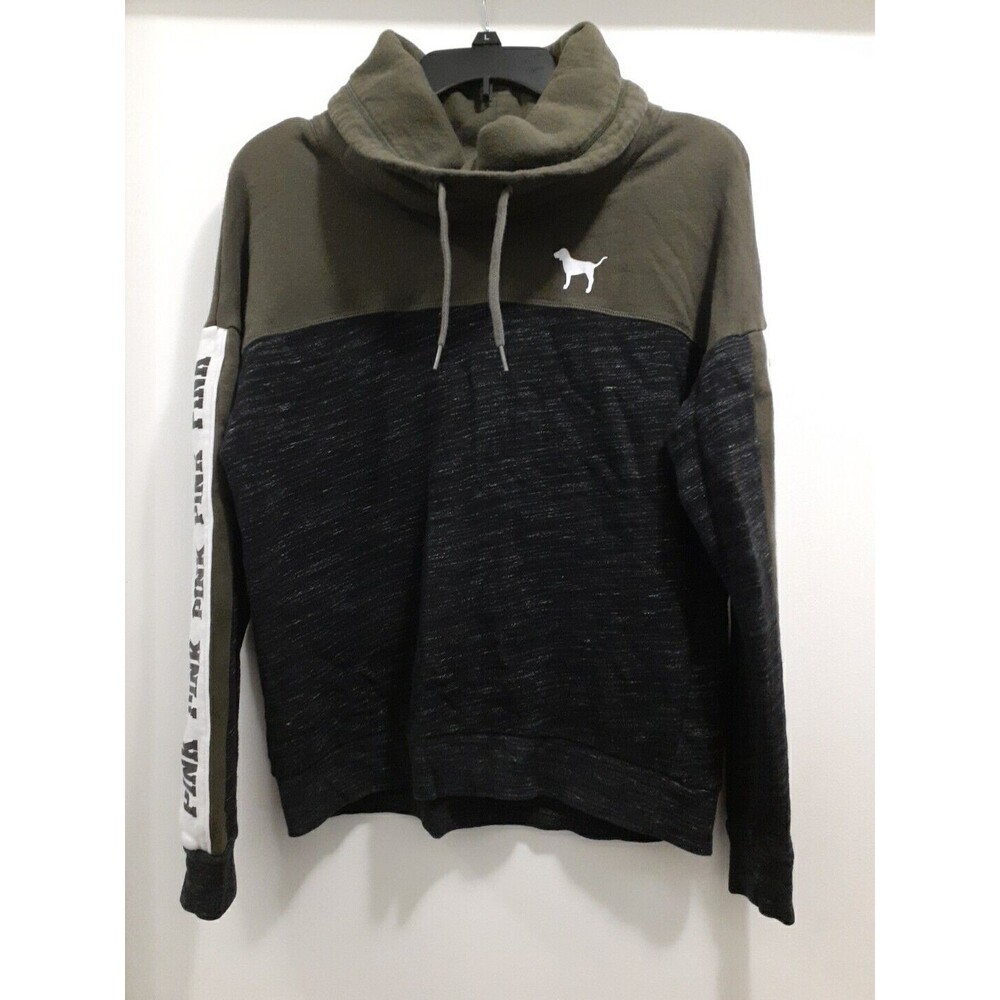 Victoria's Secret PINK VS Hoodie Black/Olive Logo Cowl Sweatshirt SZ XS Pullover